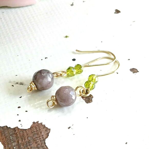 Dyed Dolomite Jasper & Faceted Glass Dangle Earrings, Gemstone Jewelry 1.5" - Picture 1 of 4